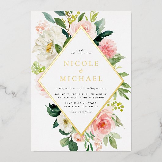 Romantische Waterverf Tuinbloemen QR Code Huwelijk Folie Uitnodiging (Voorkant)