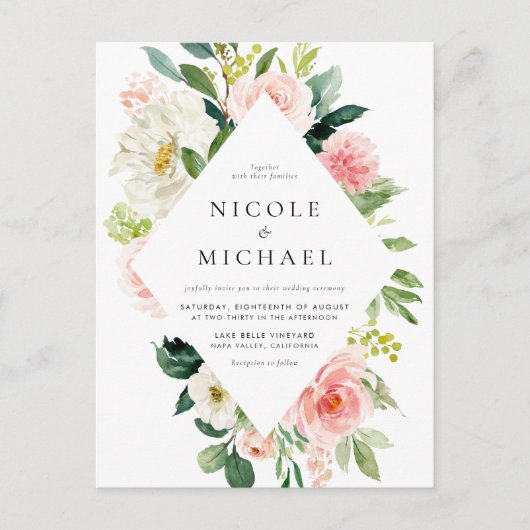 Romantische Waterverf Tuinbloemen QR Code Huwelijk Uitnodiging Briefkaart (Voorkant)