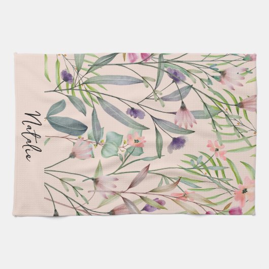 Romantische waterverf van bladbladeren, monogramme theedoek (Horizontaal)