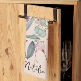 Romantische waterverf van bladbladeren, monogramme theedoek