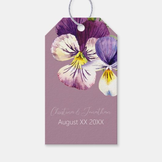 Romantische waterverf viooltjes op stoffig paars cadeaulabel (Voorkant)