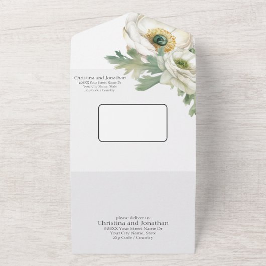 Romantische Waterverf White Ranunculus All In One Uitnodiging (Buitenkant)