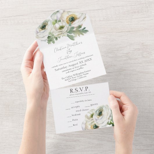 Romantische Waterverf White Ranunculus All In One Uitnodiging (Afscheurbaar)