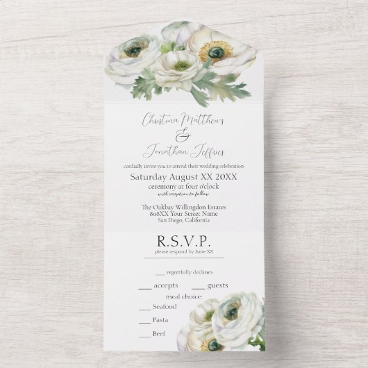 Romantische Waterverf White Ranunculus All In One Uitnodiging (Binnen)