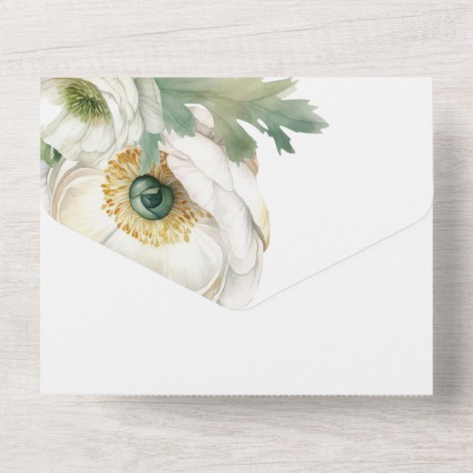 Romantische Waterverf White Ranunculus All In One Uitnodiging (Achterkant)