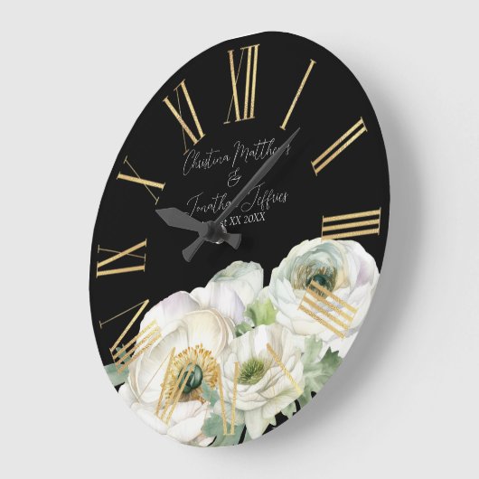 Romantische Waterverf White Ranunculus op zwart Grote Klok (Hoek)