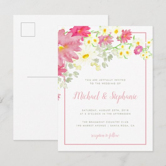 Romantische Waterverf Wildflowers Wedding Uitnodiging Briefkaart (Voorkant / Achterkant)