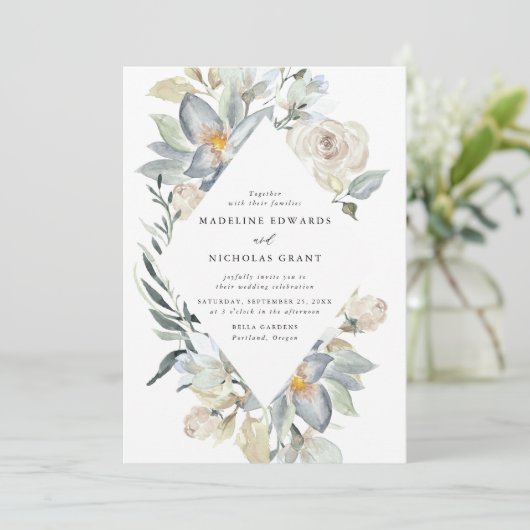 Romantische Waterverf Wit & Blauw Bloemen Bruiloft Kaart (Staand voorkant)