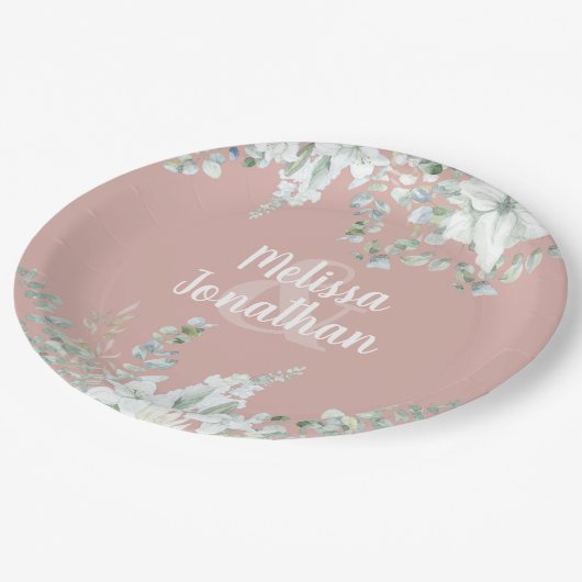 Romantische waterverf witte bloemen bruiloft papieren bordje (Gekanteld)