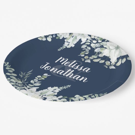 Romantische waterverf witte bloemen bruiloft papieren bordje (Gekanteld)