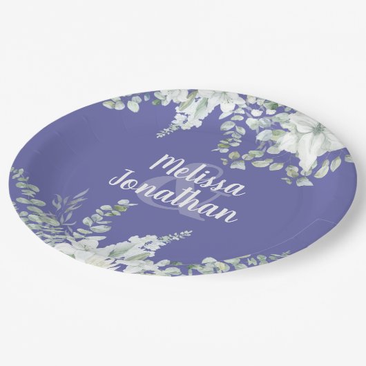 Romantische waterverf witte bloemen bruiloft papieren bordje (Gekanteld)