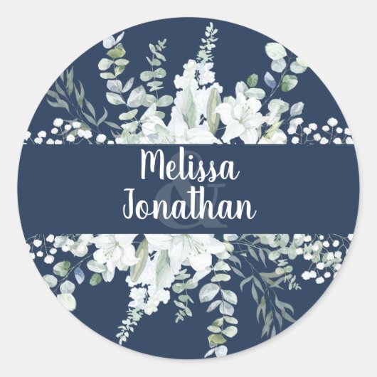Romantische waterverf witte bloemen bruiloft ronde sticker (Voorkant)