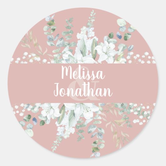 Romantische waterverf witte bloemen bruiloft ronde sticker (Voorkant)