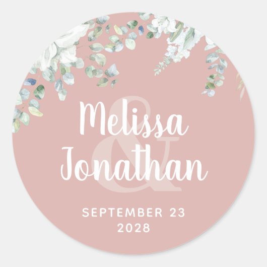 Romantische waterverf witte bloemen bruiloft ronde sticker (Voorkant)