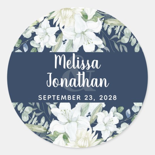 Romantische waterverf witte bloemen bruiloft ronde sticker (Voorkant)