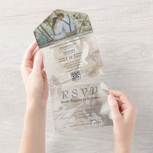 Romantische Waterverf Witte Rose QR Code All In One Uitnodiging (Afscheurbaar)