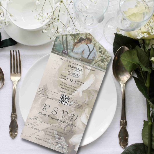 Romantische Waterverf Witte Rose QR Code All In One Uitnodiging