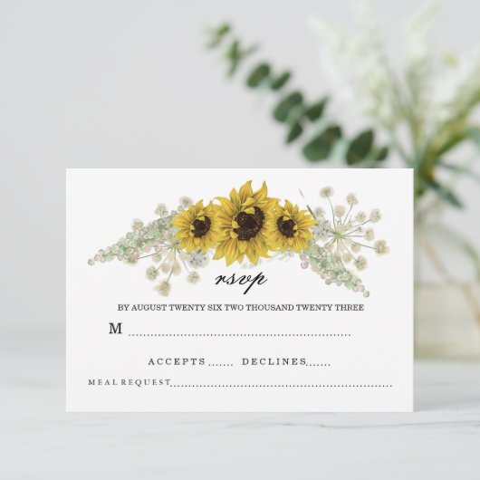 Romantische Waterverf zonnebloem RSVP Kaartje (Staand voorkant)
