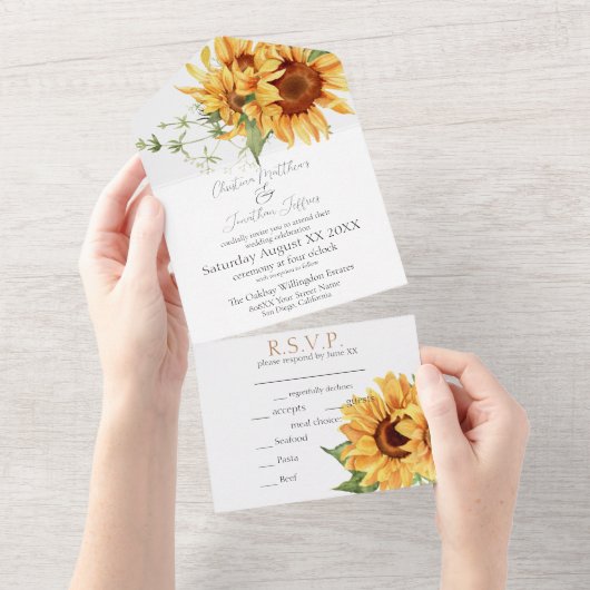 Romantische Waterverf Zonnebloemen All In One Uitnodiging (Afscheurbaar)