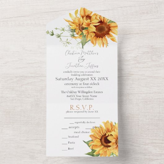 Romantische Waterverf Zonnebloemen All In One Uitnodiging (Binnen)