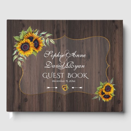 Romantische Waterverf Zonnebloemen Hout Weddenscha Gastenboek (Voorkant)