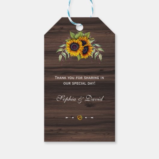 Romantische waterverf zonnebloemen houten bruiloft cadeaulabel (Voorkant)