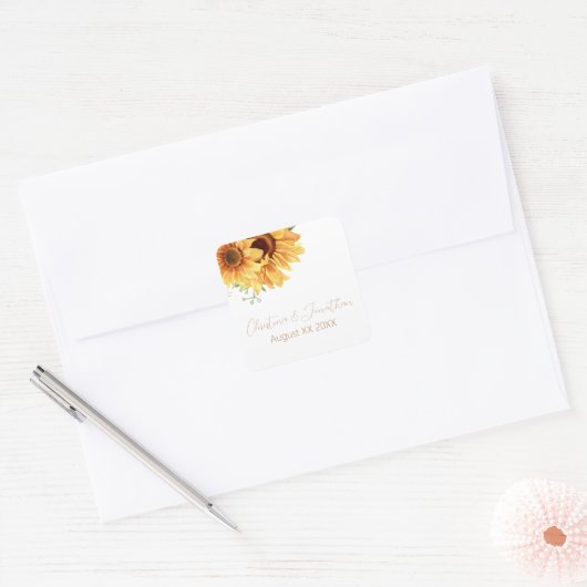 Romantische waterverf zonnebloemen vierkante sticker (Envelop)