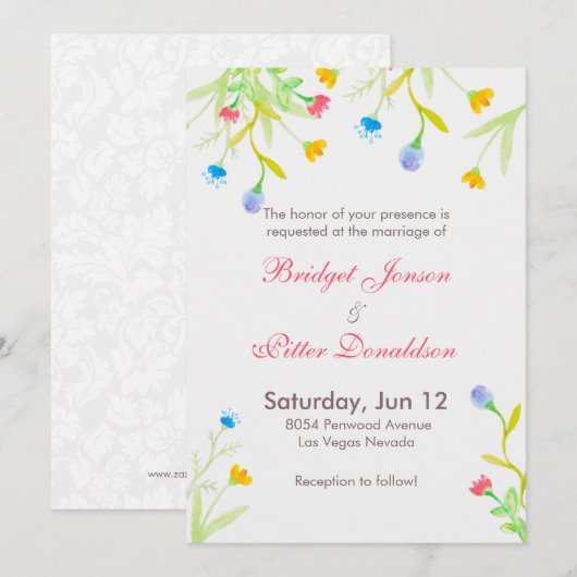 Romantische Waterverven Kleurrijke Bloemen Bruilof Kaart (Voorkant / Achterkant)