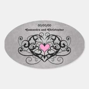 Romantische wervelingen en harten bruiloft ovale sticker