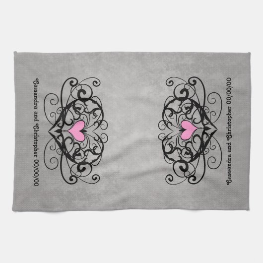 Romantische wervelingen en harten bruiloft theedoek (Horizontaal)