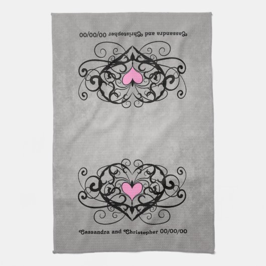 Romantische wervelingen en harten bruiloft theedoek (Verticaal)