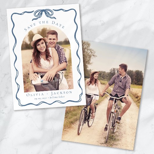Romantische Whimsical Coquette Strik Blauwe Foto Save The Date