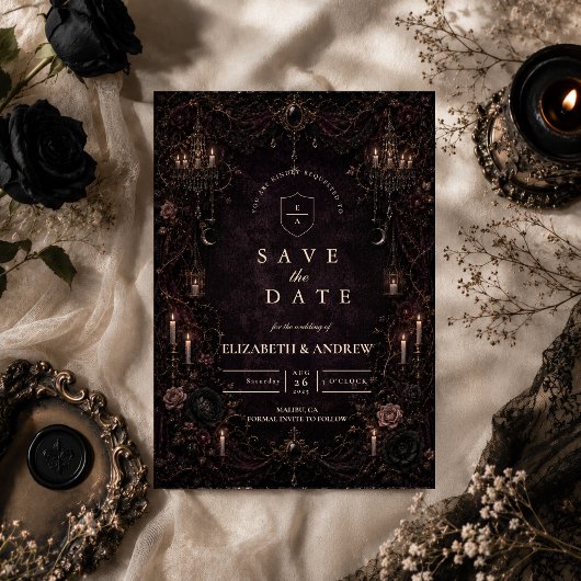 Romantische Whimsy Goth-huwelijk Save The Date