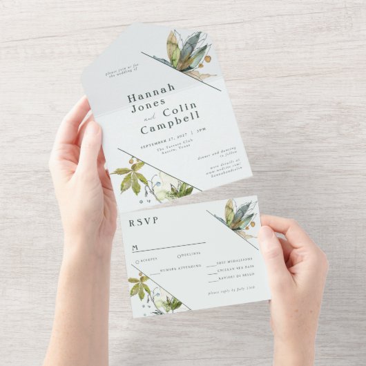 Romantische wijngaarden Minimale tuinblauw All In One Uitnodiging (Afscheurbaar)