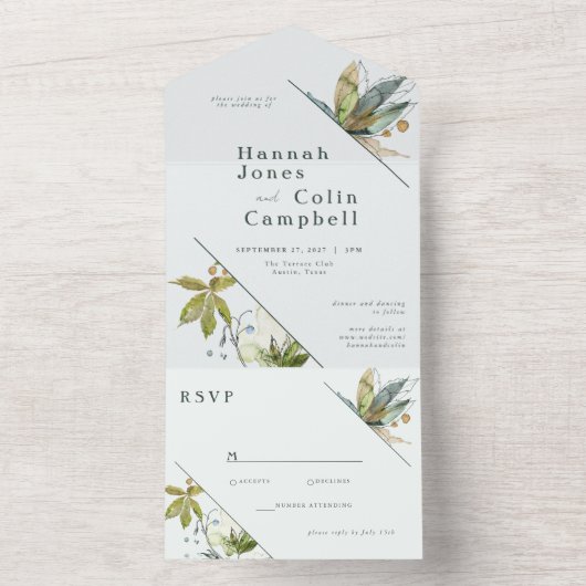 Romantische Wijnstokken Minimaal Tuin Groen Blauw All In One Uitnodiging (Binnen)