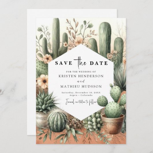 Romantische Wild West Cactus bruiloft Save The Date (Voorkant / Achterkant)