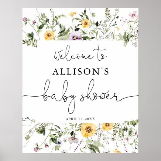 Romantische wildbloemen baby shower welkom bord poster (Voorkant)