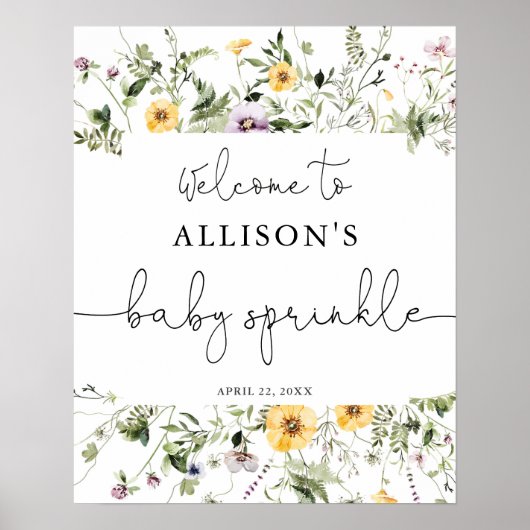 Romantische wildbloemen baby sprinkle welkomstbord poster (Voorkant)