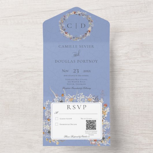 Romantische Wilde Bloem QR-code Periwinkle All In One Uitnodiging (Binnen)