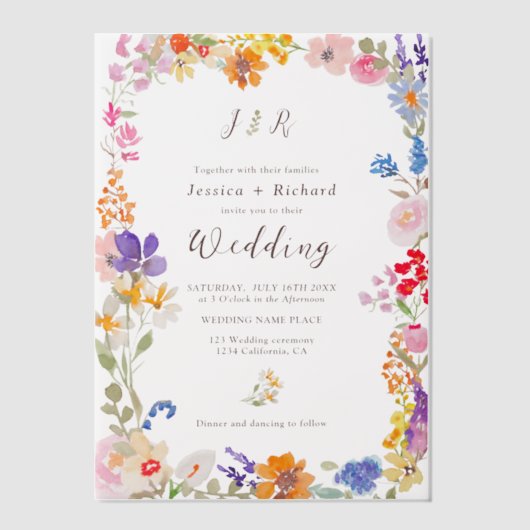 Romantische wilde bloemen bloemenbruiloft vellum uitnodigingen (Voorkant)