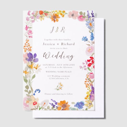 Romantische wilde bloemen bloemenbruiloft vellum uitnodigingen (Offset)