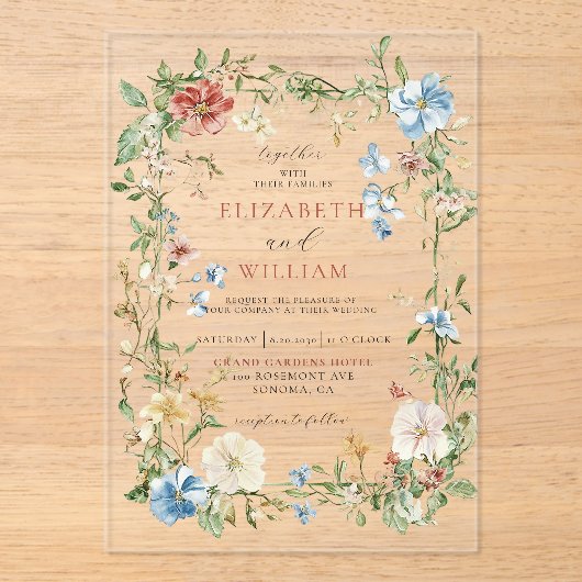 Romantische Wildflower Boho Waterverf bruiloft Acryl Uitnodigingen (Voorkant)