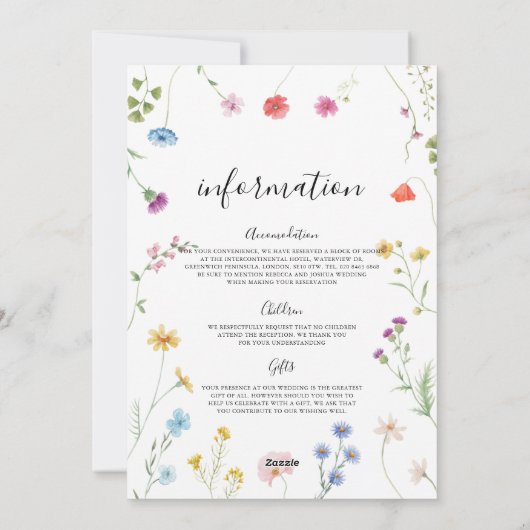 Romantische Wildflower Huwelijksinformatie Kaart (Achterkant)
