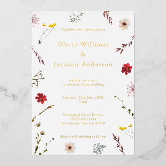 Romantische Wildflower Script bruiloft Folie Uitnodiging (Voorkant)