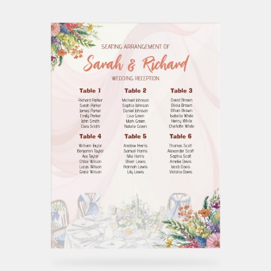 Romantische Wildflower Wedding Seating Chart Acryl Bord (Voorkant)