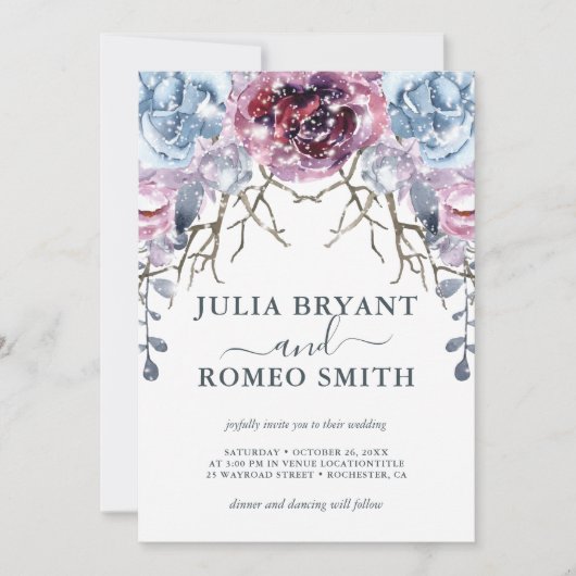 Romantische Winter Bruiloft Bloemen Sneeuw Uitnodi Kaart (Voorkant)