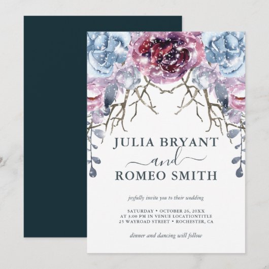 Romantische Winter Bruiloft Bloemen Sneeuw Uitnodi Kaart (Voorkant / Achterkant)