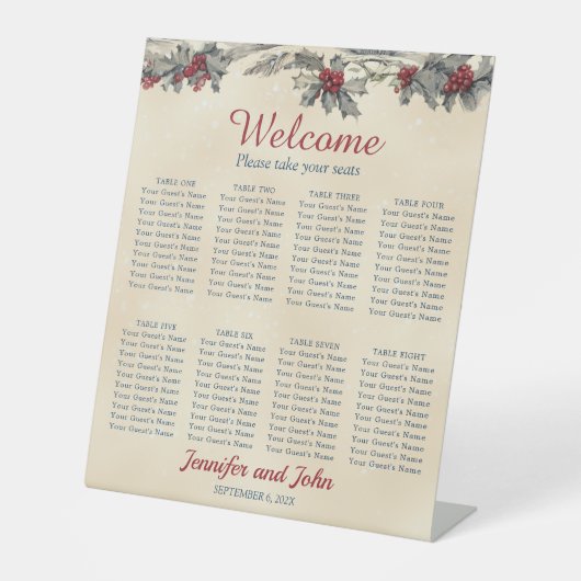 Romantische Winter Bruiloft Gasten Zitkaart Reclamebord Met Voetstuk (Voorkant)