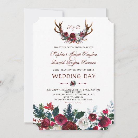 Romantische Winter Burgundy Bloemige Geweien Bruil Kaart (Voorkant)