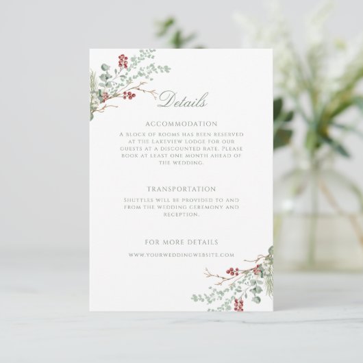 Romantische Winter Greenery Wedding Details Informatiekaartje (Staand voorkant)